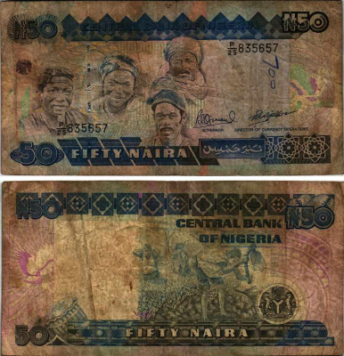Нигерия 50 найра ND (1991-2000) жители Нигерии, подпись 10 Pick 27 c бумага 6312-56-1-2