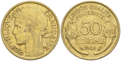 ФРАНЦИЯ 50 САНТИМОВ 1941 ТИП MORLON KM 894.1, LE FRANC 192.18 алюминиевая бронза 44-458