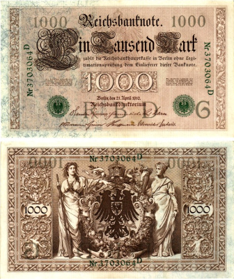 Германия 1000 марок 1910 Pick 45b бумага UNC (пресс) 7375-50-2-2