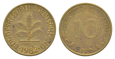 ФРГ 10 пфеннигов 1982 F KM 108, J. 383 сталь плакированная латунью 4627-112