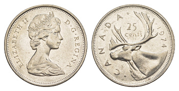 Канада 25 центов 1974 Елизавета II (1952-2022), олень KM 62b никель 4637-817