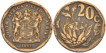 ЮАР 20 центов 1993 герб, цветок протея KM 136 сталь плакированная латунью 105-831
