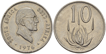 ЮАР 10 ЦЕНТОВ 1976 ПРЕЗИДЕНТ ЯКОБУС ЙОХАННЕС ФУШЕ, ЦВЕТОК АЛОЭ KM 94 никель 67-412