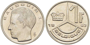 БЕЛЬГИЯ 1 ФРАНК 1993 BELGIQUE, БОДУЭН I (1951-1993) KM 170 железо плакированное никелем 3851-1146