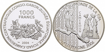 Центрально-Африканские Штаты 1000 франков 2004 чемпионат мира по футболу в Германии FIFA Камерун, 2006 KM 23 серебро PROOF 01-107-25