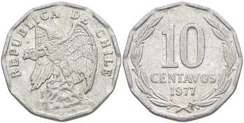 Чили 10 сентаво 1977 KM 205a алюминий 4402-352