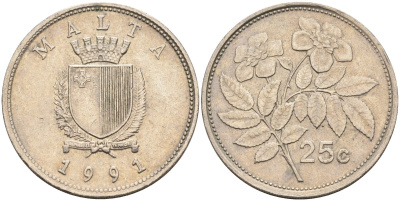 Мальта 25 центов 1991 шиповник вечнозелёный KM 97 медно-никель 181-622