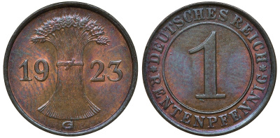 Германия 1 рентенпфенниг 1923 G KM 30, J. 306 бронза UNC 72-1167