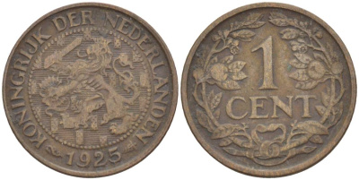 НИДЕРЛАНДЫ 1 ЦЕНТ 1925 ВИЛЬГЕЛЬМИНА I (1891-1948) KM 152 бронза 4532-729