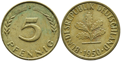 ФРГ 5 ПФЕННИГОВ 1950 J KM 107, J.382 сталь плакированная латунью 4392-448