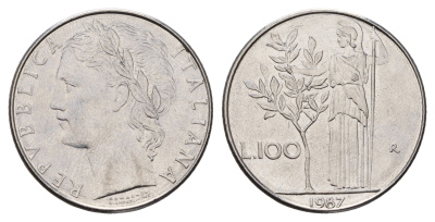 Италия 100 лир 1987 R, Афина в доспехах KM 96.1 нержавеющая сталь 4119-543