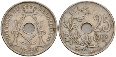 Бельгия 25 сантимов 1920 Belgique KM 68 медно-никель 27-1024