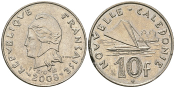 Французская Новая Каледония 10 франков 2008 рыбачья парусная лодка, (IEOM) KM 11a, Schoen 13a, Lec 99k медно-никель 60-341
