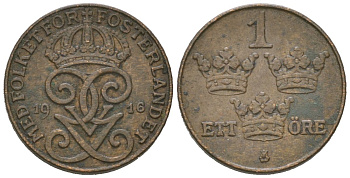 Швеция 1 эре 1916 Густав V (1907-1950) KM 777.2 бронза 4611-346