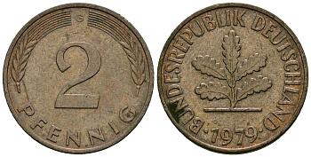 ФРГ 2 пфеннига 1979 G KM 106a сталь плакированная медью 4173-1144
