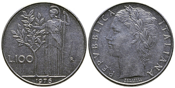 ИТАЛИЯ 100 ЛИР 1976 R, АФИНА KM 96.1 нержавеющая сталь 47-533