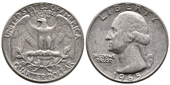 США 25 центов (квотер) 1965 Вашингтон KM 164а медь плакированная медно-никелем 4364-425