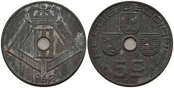 Бельгия 5 сантимов 1942 Belgie - Belgique, Леопольд III (1934-1947), германская оккупация, Вторая мировая война KM 124 цинк 4160-1133