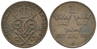 Швеция 1 эре 1916 Густав V (1907-1950) KM 777.2 бронза 4611-346