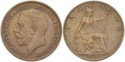 Великобритания 1 фартинг 1921 Георг V (1910-1936) KM 808.2, Spink 4060 бронза 4543-1017