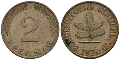 ФРГ 2 пфеннига 1979 G KM 106a сталь плакированная медью 4173-1144