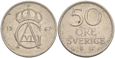 Швеция 50 эре 1967 U, Густав VI Адольф (1950-1973) KM 837 медно-никель 4382-957
