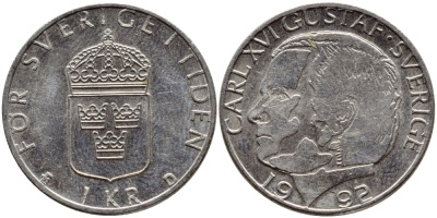 Швеция 1 крона 1992 Карл XVI Густав (1973- ) KM 852a медно-никель 4384-1153