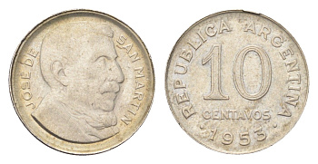 Аргентина 10 сентаво 1953 генерал Хосе де Сан Мартин KM 47a сталь плакированная никелем 4664-158