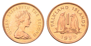 Фолклендские острова (Фолкленды) 1 пенни 1998 Елизавета II (1952-2022), папуанский пингвин KM 2a сталь плакированная медью UNC 3458-1213