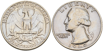 США 25 центов (квотер) 1969 Вашингтон KM 164a медь плакированная медно-никелем 190-313