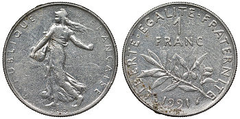 Франция 1 франк 1991 сеятель KM 925.1, Le Franc 226.36 никель 4128-436