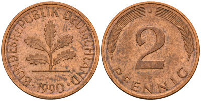 ФРГ 2 пфеннига 1990 J J.381a, KM 106a сталь плакированная медью    4598-926