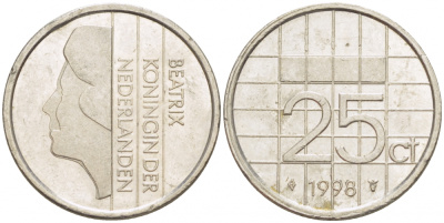 Нидерланды 25 центов 1998 Беатрикс (1980-2013) KM 204 никель 3457-1135