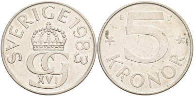 Швеция 5 крон 1983 U, Карл XVI Густав (1973- ) KM 853 медно-никель 4381-1035