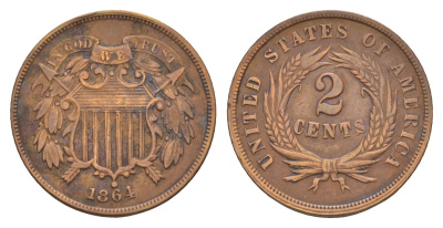США 2 цента 1864 KM 94 медь олово цинк 1520-1113
