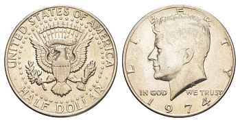 США 1/2 доллара (50 центов) 1974 Джон Кеннеди KM 202b медь плакированная медно-никелем aUNC 4536-525