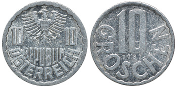 АВСТРИЯ 10 ГРОШЕЙ 1987 KM 2878 алюминий 72-1355