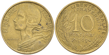 Франция 10 сантимов 1969 тип Marianne KM 929, LE FRANC 144.9 медь алюминий никель 4511-857