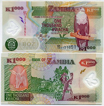 Замбия 1000 квач 2005 трубкозуб, трактор, статуя Свободы в Лусаке Pick 44 d пластик UNC (пресс) 448-34-2