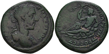 Римская Империя, Провинция Нижняя Мезия, Никополь-на-Истре AE 217 - 218 Макрин, бюст императора / персонификация божества реки Истр, 13,82 гр, 27 мм Varbanov 3483 бронза 1100-4-83