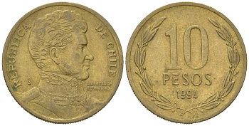 Чили 10 песо 1994 So KM 228 никель латунь 4523-325