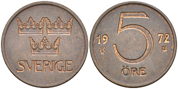 Швеция 5 эре 1972 U, Густав VI Адольф (1950-1973) KM 845 бронза 112-367
