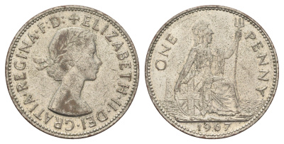 Великобритания 1 пенни 1967 Елизавета II (1952-2022) KM 897, Spink 4157 бронза, посеребрение 4526-441