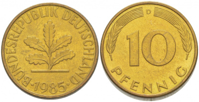 ФРГ 10 ПФЕННИГОВ 1985 D KM 108, J.383 сталь плакированная латунью 3996-711