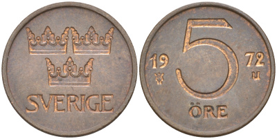 Швеция 5 эре 1972 U, Густав VI Адольф (1950-1973) KM 845 бронза 112-367