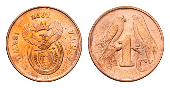 ЮАР 1 цент 2001 герб, капские воробьи KM 221 сталь плакированная медью UNC 4694-158