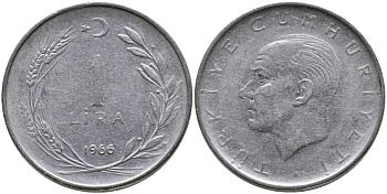 Турция 1 лира 1966 Мустафа Кемаль Ататюрк KM 889а.1 нержавеющая сталь 4541-1234