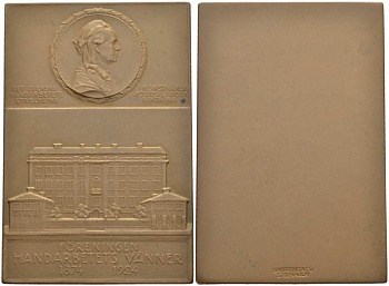 ШВЕЦИЯ ПЛАКЕТКА 1924 РУЧНОГО ИЗГОТОВЛЕНИЯ, В ХУДОЖЕСТВЕННО-ПАТРИОТИЧЕСКОЙ НАПРАВЛЕННОСТИ, 50-ЛЕТИЮ АССОЦИАЦИИ ДРУЗЕЙ РЕМЕСЛЕННИКОВ, РАЗМЕР 52Х35 ММ., ВЕС 33 ГР., SPORRONG&Co STOCKHOLM бронза 1084-3-32