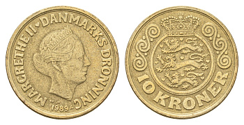 Дания 10 крон 1989 NR, Маргрете II (1972-2024) KM 867 алюминиевая бронза 119-1246