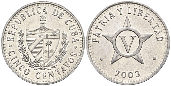 Куба 5 сентаво 2003 KM 575.2, Schoen 713, JMA MC19 сталь плакированная никелем 4114-514
